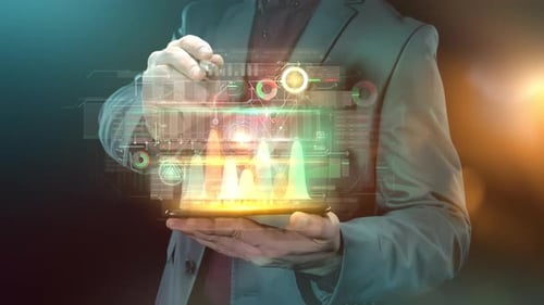 Businessman Works With Infographics In The Virtual Panel Of The Phone 4K