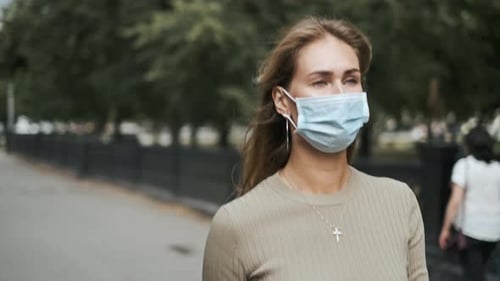 Masked Face Woman Walk Urban Park Corona Virus. People Nature Closeup Covid-19.