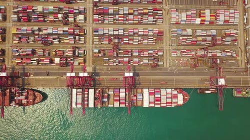 Aerial top view of container cargo ship in the export and import business and logistics