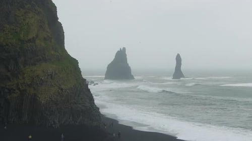 Reynisdrangar Rocks, Reynisfjara Beach. Iceland. Aerial View