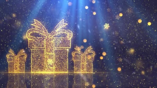 Sparkling Golden Gift Boxes with Festive Snowflakes and Bokeh Lights