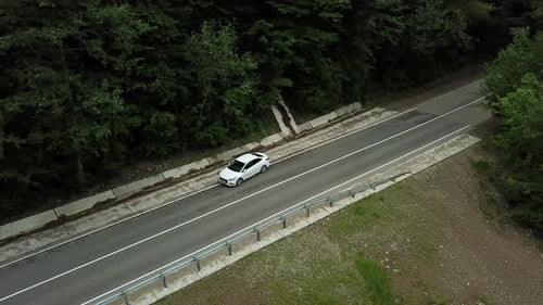 Aerial Top Down View of White Car Driving on Rural Road in Forest