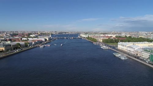 Flight Over Neva River in St. Petersburg, Russia