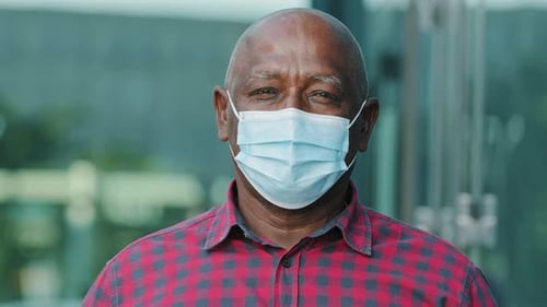 Closeup Front View Concerned Human Face Portrait Person Wear Facial Mask Retired Mature Man Pose