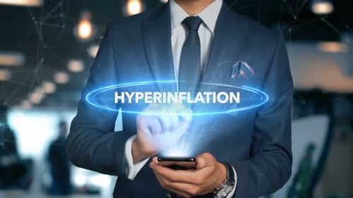 Businessman Activates Futuristic Holographic Hyperinflation Text Display