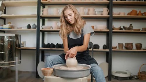 Pottery Workshop Young Female Potter Makes a Pitcher Out of Clay Handicraft Production of Handmade