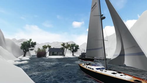 The ship heads for the island among the snow mountains