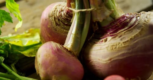 Close-up of kohlrabi on wooden table