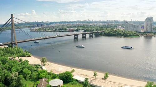 Aerial View of North Bridge in Kyiv Ukraine at Sunny Summer Day