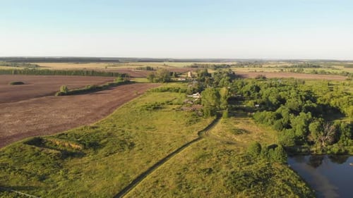 Rural Aerial View of Farmland and Village