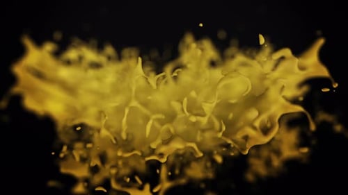 Abstrakter gefrorener goldener Spritzer flüssiger Substanz isoliert auf schwarzem Hintergrund