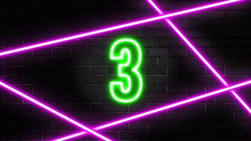 Neon Glowing Numbers Countdown on Dark Brick Wall Background