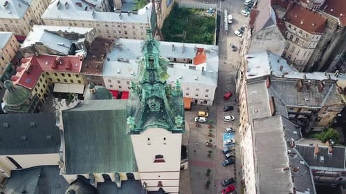 Aerial view of central streets. Panorama of the ancient city with the roofs