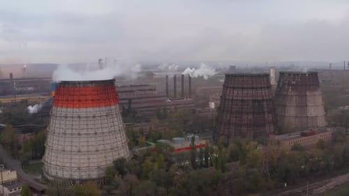Factory Pipes During Sunrise Time, High Above Metallurgical Plant and Smoke Cloud