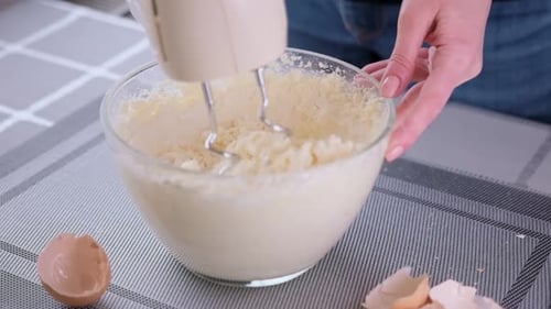 Preparing Sweet Food Dessert in Kitchen at Home Mixing Ingredients in Bowl Cooking Dough