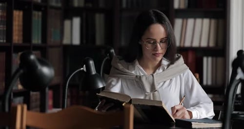 Pensive Girl Studying in Library