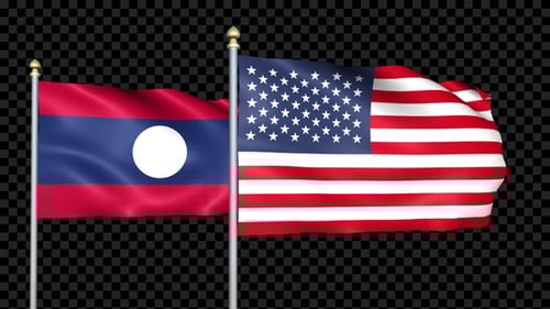 Laos and USA Flags Waving Together on Alpha Channel