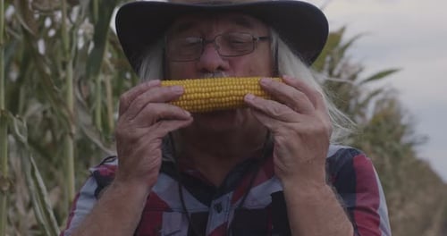 Farmer with Corn Cob Laughing in Rural Field
