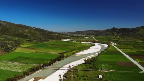 Aerial View of River Valley and Rural Landscape