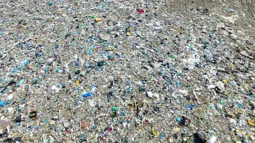 The huge garbage dump on the outskirts of the forest, view from drone