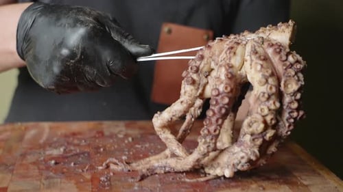 Chef Prepares Cooked Octopus with Tweezers