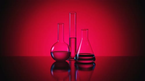 Three different laboratory glassware pieces on a dark pink background. 4KHD