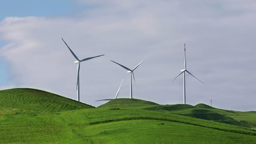Gruppe von Windturbinen auf Spring Field