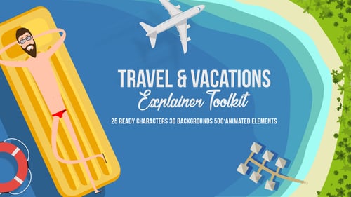 Animated Travel Explainer Toolkit with Customizable Characters and Vacation Scenes