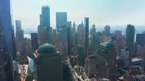 Drone Flying Backward From Business Offices on Manhattan World Trade Center NYC