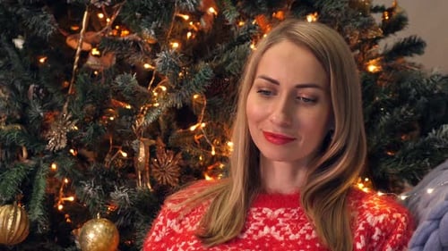 Woman with Laptop Sitting on Sofa Near New Year Tree. Christmas Celebration