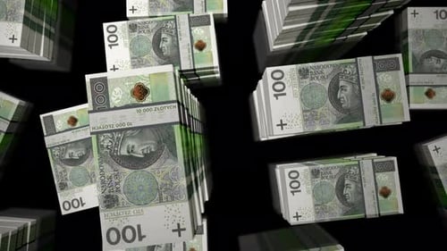 Survol de la boucle de paquets de billets en zloty polonais