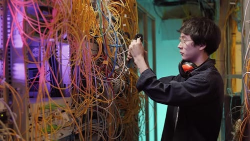 Asian IT Specialist Connecting Wires in Data Center