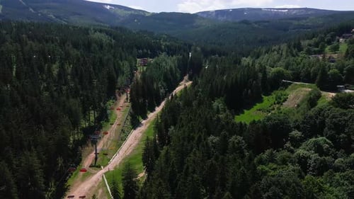 Aerial View of Mountains with Open Cable Cars Lift Karpacz Poland