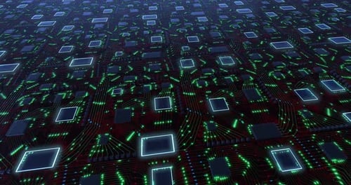 Abstraktes futuristisches Motherboard-Schema mit pulsierenden Neonlichtern