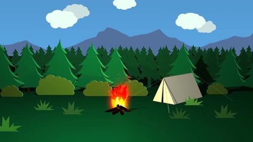 Camp in the wilderness. Campsite with the burning fire and white tent.