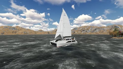 3D Catamaran Sailboat Navigating Ocean Landscape Animation