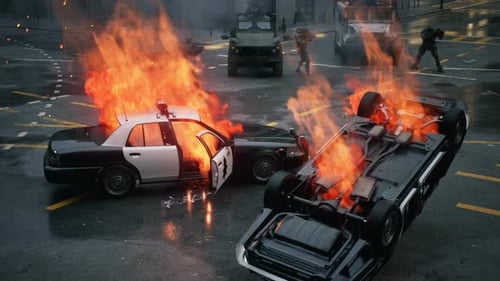 динамичная сцена перестрелки в футуристическом городе