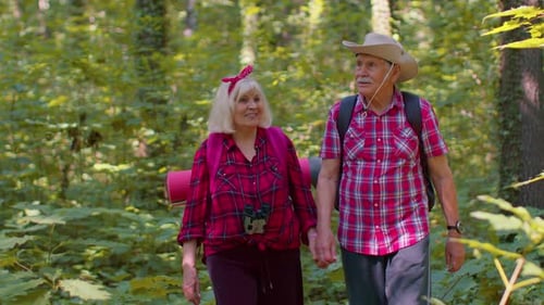 Active Senior Couple Hiking Hand-in-Hand Through Green Forest