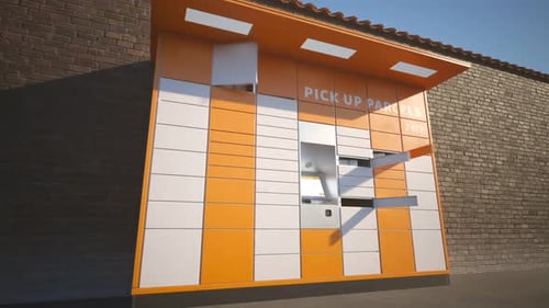 Animation en timelapse en boucle du casier à colis. Les portes s'ouvrent et se ferment rapidement.