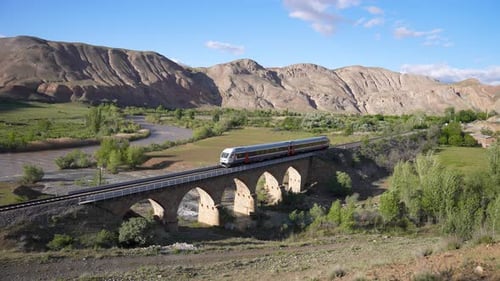 Train Crossing Stone Bridge in Rural Landscape