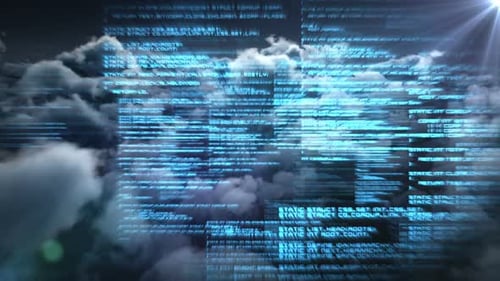 Futuristic Digital Code Scrolling Through Blue Clouds