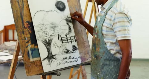 Man Drawing a Landscape on Canvas