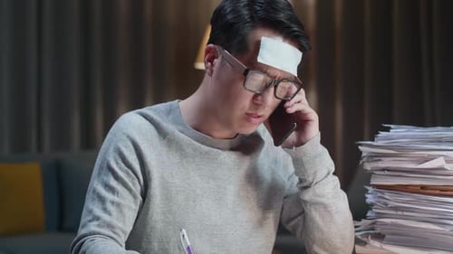 Close Up Of Sick Asian Man Talking On Phone And Taking Note While Working Hard With Documents