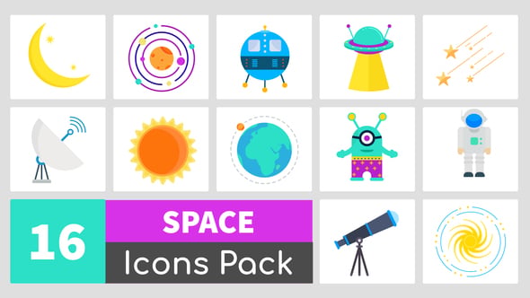 16 Animated Space Icons Pack, Openers ft. space & astronaut - Envato