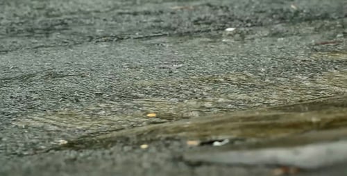 Rainwater Flowing on Urban City Street Asphalt