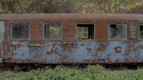 Camera Movement Along the Rusty Wagons of a Narrow Gauge Railway