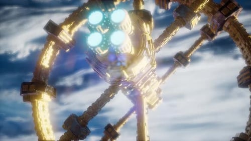 Animated Futuristic Golden Space Station with Glowing Engines