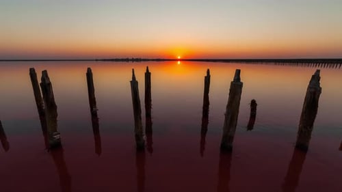 Dawn on a Pink Salt Lake, Ukraine. Timelapse.