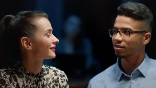 Business Woman and Businessman Talking in Cafe. Team Having Conversation