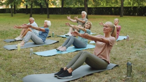 Female Instructor and Senior People Having Yoga Workout in Park